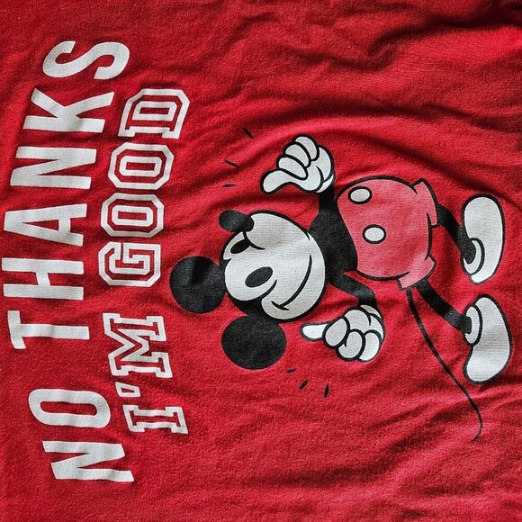 Disney Mickey Mouse T-Shirt Crop Jr XL 15-17 Red V Neck "No Thanks I'm Good" - Picture 5 of 10